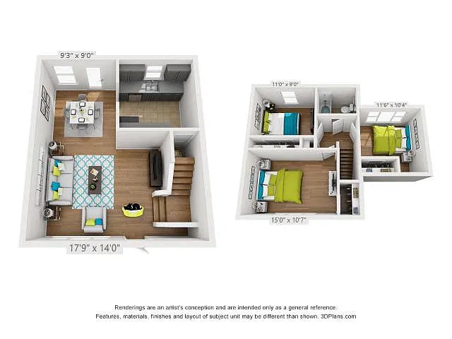 Floor plan 3 bed/1 bath townhome