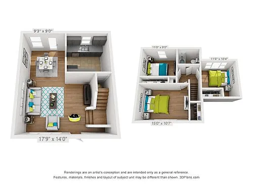 Floor plan 3 bed/1 bath townhome