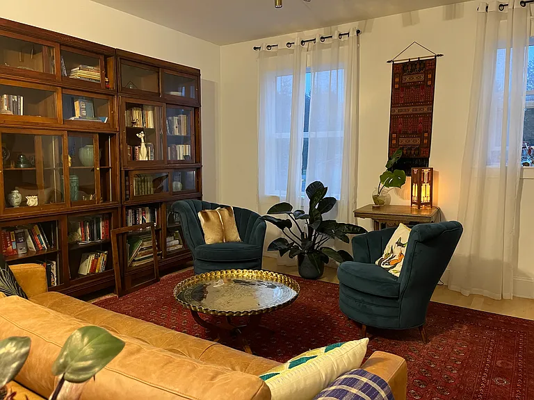 Living room at dusk.