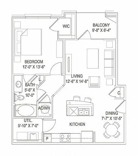 Floor plan 1BR 1BA (767 SF)