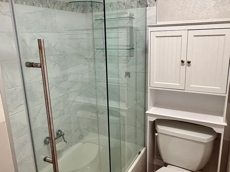 Renovated full bath with glass enclosure