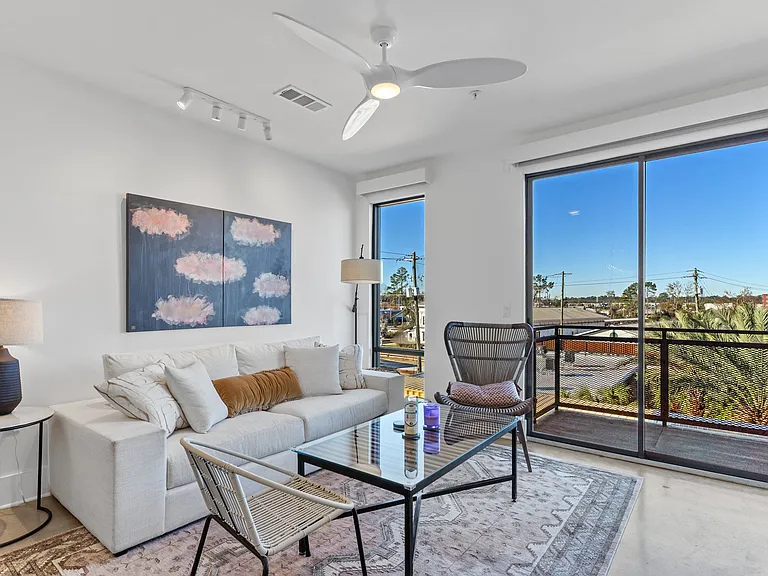 Each apartment has oversize windows that provide a stunning view over College Town.