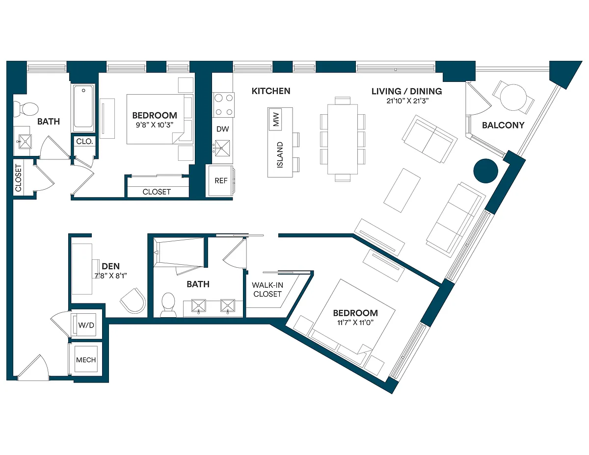 Floor plan 2 Bed/2 Bath Den-E2 TYP 01