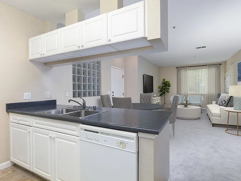Kitchen, living, and dining areas