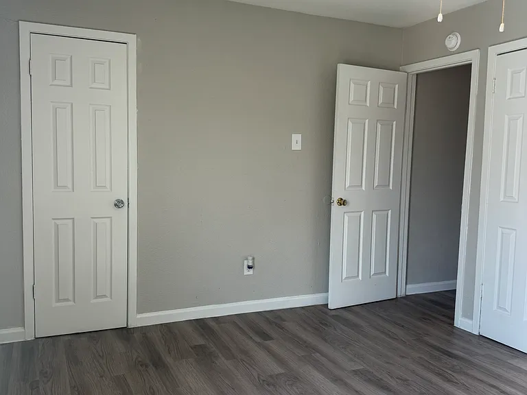 This spacious bedroom offers clean gray walls, dark wood_style flooring, and multiple closets with a modern ceiling fan and abundant natural light.
