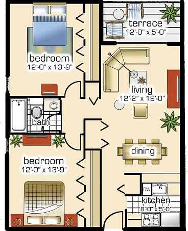 Model B | 2 Bedroom, 1 Bath Model B | 2 Bedroom, 1 Bath