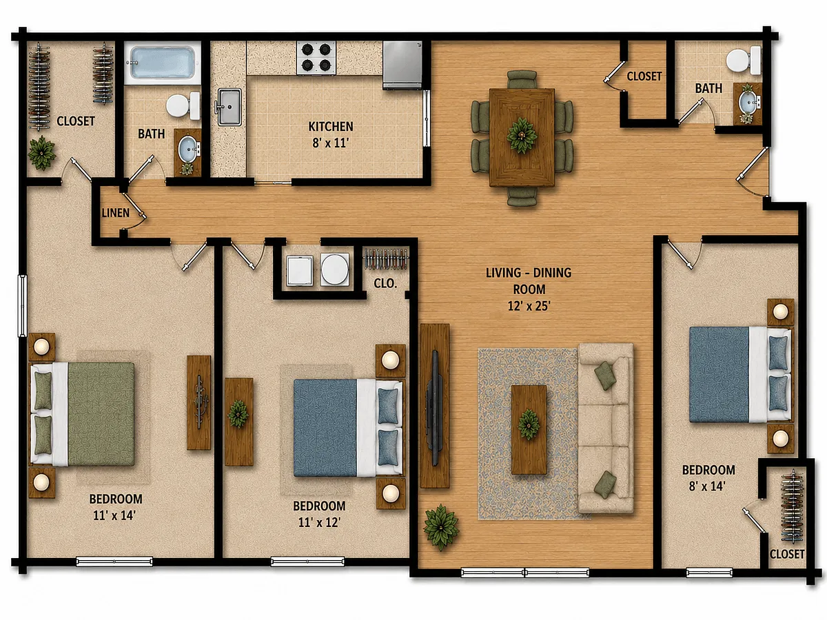Floor plan Three Bedroom One Bath Garden