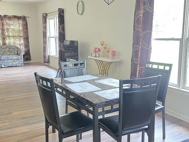 Shared space - spacious living room with couches, TV, coffee table, sofa bed and dining table