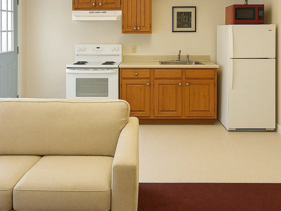 This is a chatGPT altered photo of the current apt ( current state, pre-renovation) where it took a recent photo and "rendered the room in a clean and tidy condition"