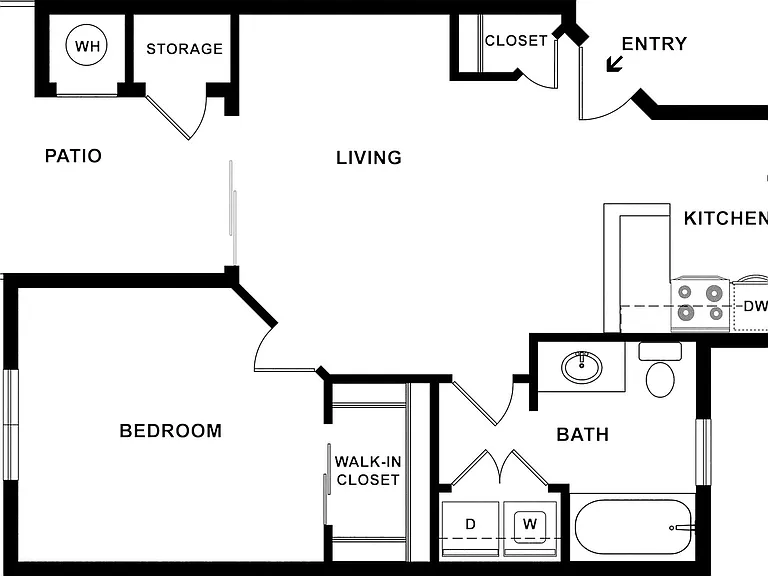 1 BD / 1 BA, 519-534 SF