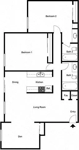 Floor plan 2 Bedroom 2 Bath Den