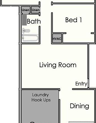 Floorplan for 1,100 square feet, 3-bedroom, 1-bath unit.
