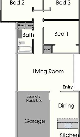 Floorplan for 1,100 square feet, 3-bedroom, 1-bath unit.
