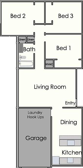 Floorplan for 1,100 square feet, 3-bedroom, 1-bath unit.