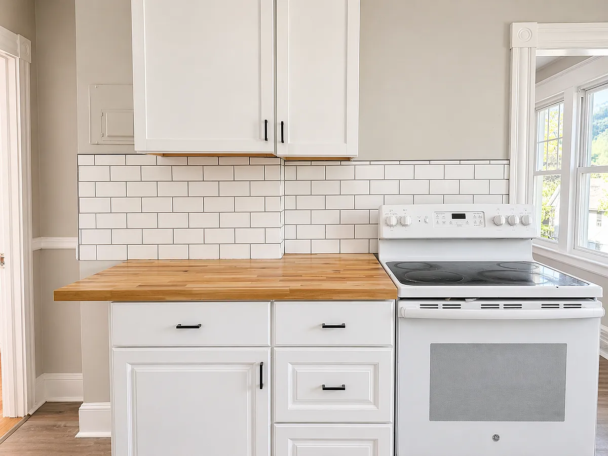 Refreshed kitchen with new fixtures, cabinets, subway tile backsplash. - 49 Belden St #3