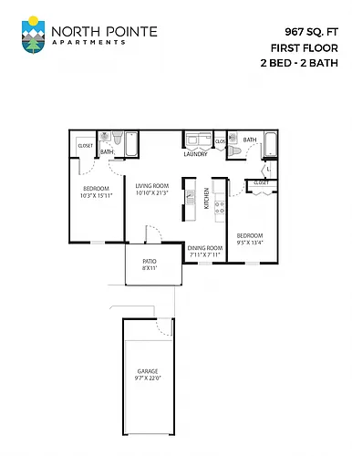 Floor plan 2 Bed, 2 Bath - 967 sq ft
