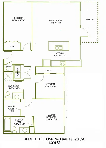 Floor plan 3 Bed/2 Bath-D1-2