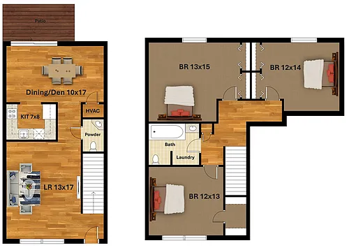 Floor plan Three Bedroom 1.5 Bath Townhouse