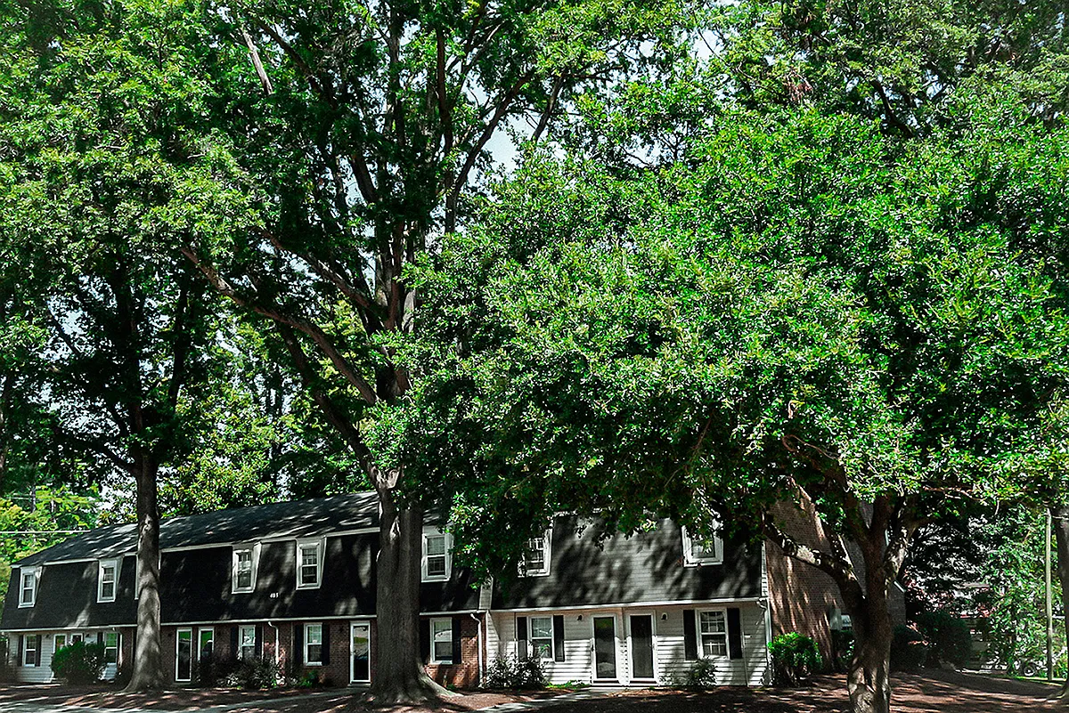 Towering oak trees and manicured grounds are the serene backdrop to The Mordecai's spacious multi-level townhomes. - The Mordecai on Clover