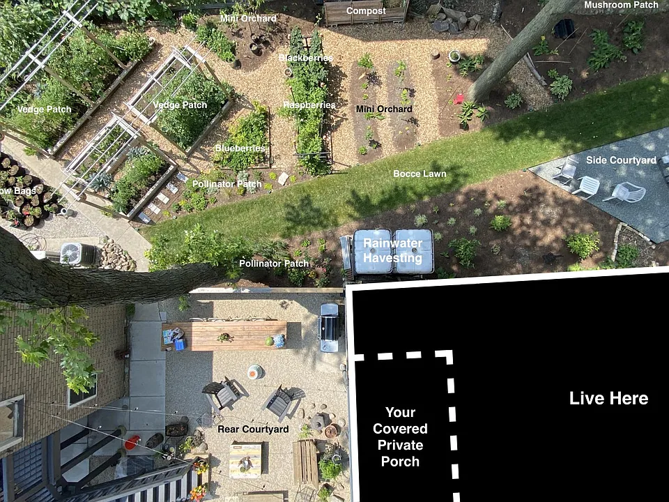 Bird's eye view of the yard amenities.
Garden, shared courtyards, and access to hang with the chickens.