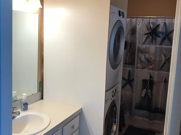 New stack wash/dryer exhaust fan mirror medicine cabinet added