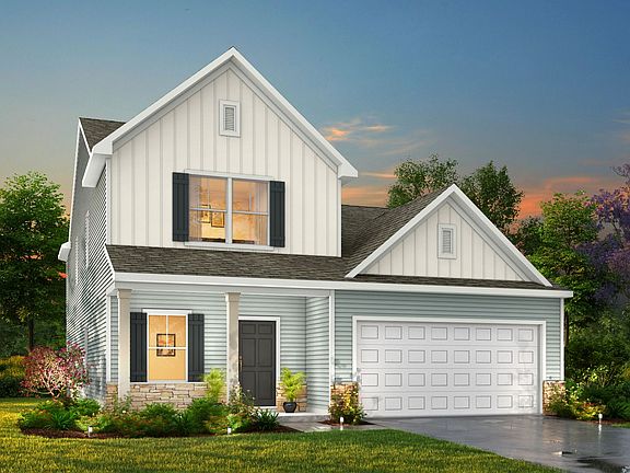 An artist s impression of a house with a garage and a white siding.