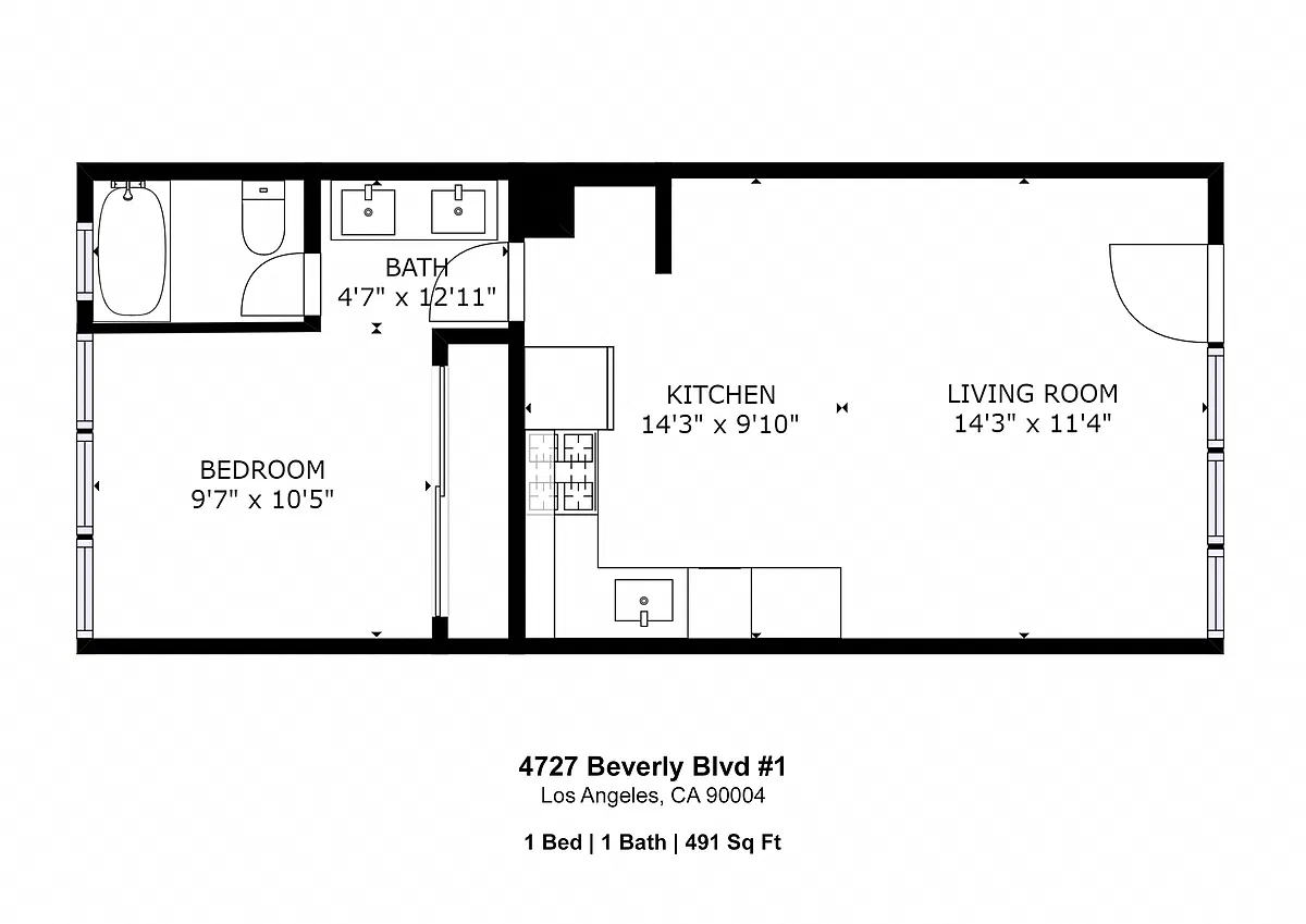 Floor plan 4727 Beverly 1 Bedroom 1 Bathroom