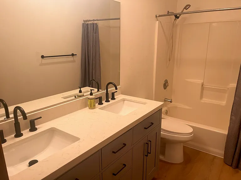 Upstairs bathroom - new double vanity, hardware, and toilet