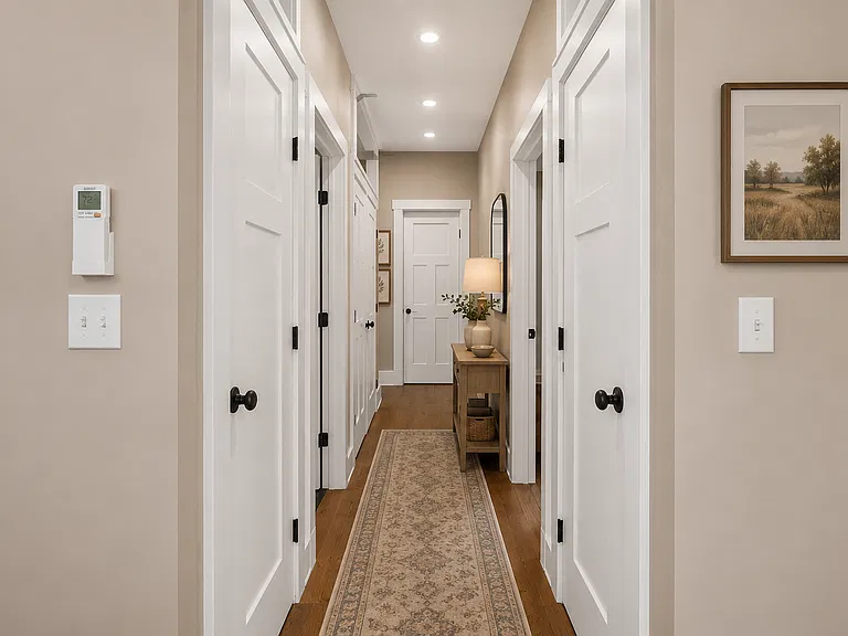 left side- pantry, guest bath, laundry.
right side - coat closet, MBR door
End of hall - entry to guest room to the left.