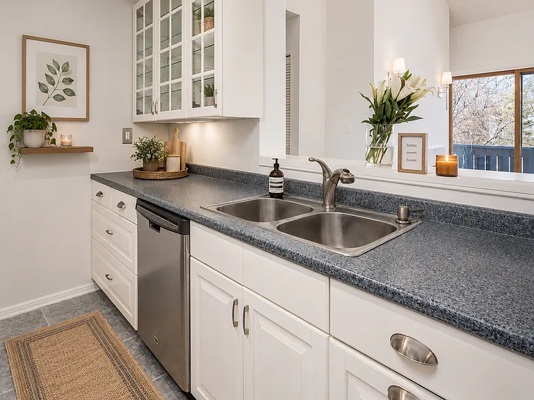 Modern kitchen with cozy details - Staged