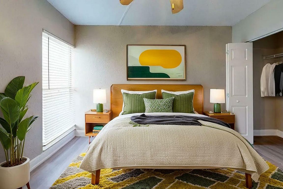 Bright and inviting bedroom with a modern aesthetic, featuring a plush bed with green accents, stylish artwork, vibrant rug, and ample natural light.