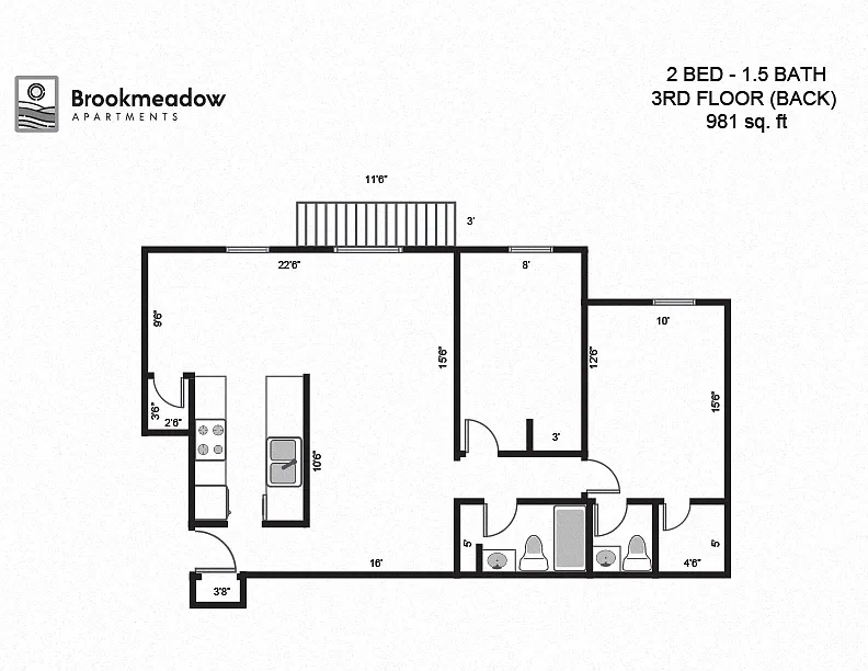 Floor plan 2 Bed, 1.5 Bath - 981 sq ft