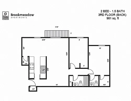 Floor plan 2 Bed, 1.5 Bath - 981 sq ft
