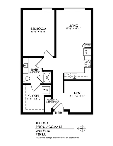 Floor plan 1 Bedroom, 1 Bath + Den