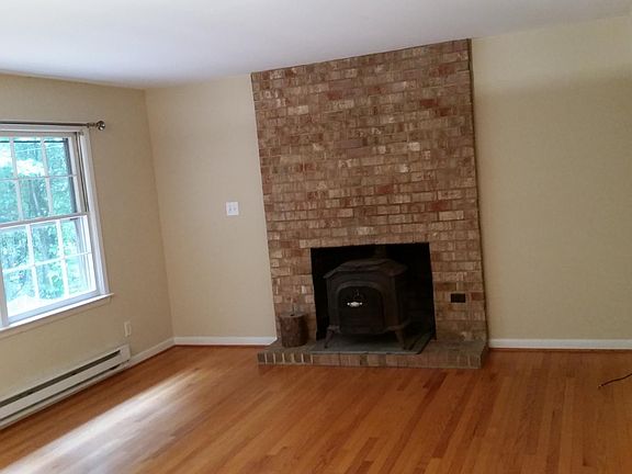 living room with woodstove
