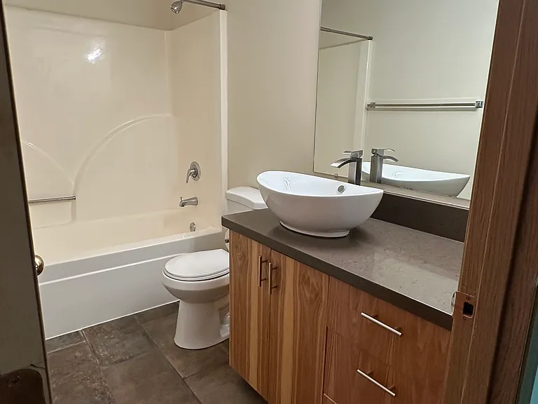 Downstairs (guest) bath: shower/ tub combination, hickory cabinet fronts and composite/stone countertop.