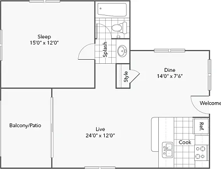 1BR x 1BA with North or South View Floorplan 1BR x 1BA with North or South View Floorplan