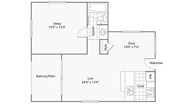 Floor plan 1 BR x 1 BA with North or South View