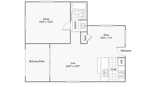 Floor plan 1 BR x 1 BA with North or South View