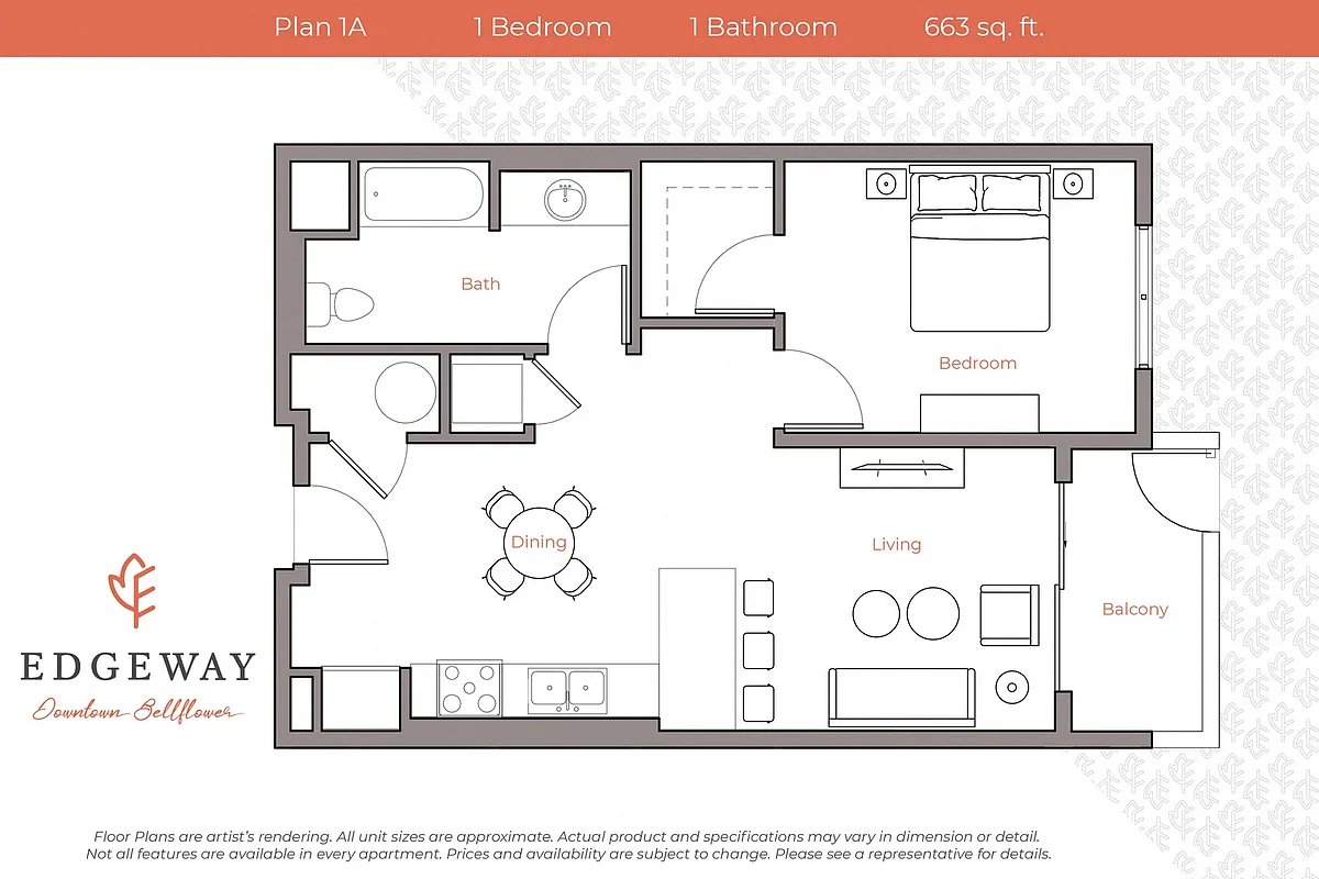 Floor plan Plan 1A - 1 Bedroom, 1 Bath