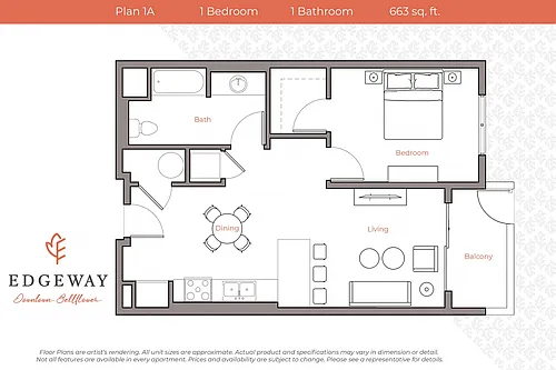 Floor plan Plan 1A - 1 Bedroom, 1 Bath