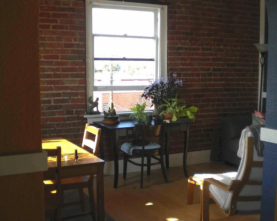 Living room with exposed brick walls