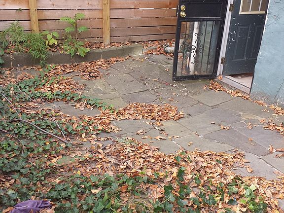 Rear fenced flagstone patio, perfect for cookouts and private gatherings. (Ivy and leaves have been cleaned up.)