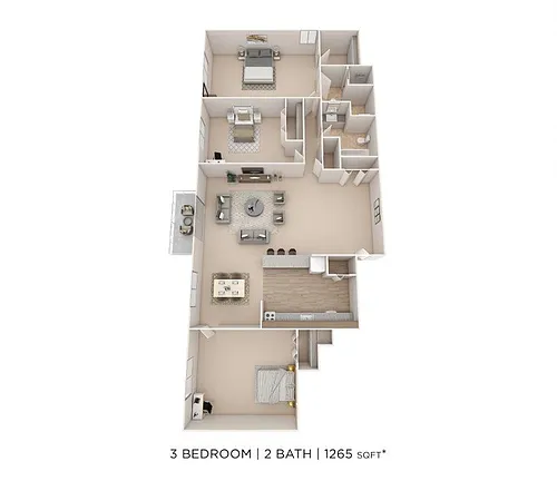 Floor plan Three Bedroom 2 Bath - 1,265 sqft