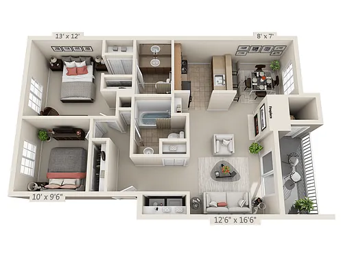 Floor plan 2 Bed, 2 Bath A (80% Income Restricted)