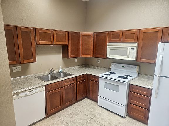 Kitchen cabinets and appliances.
