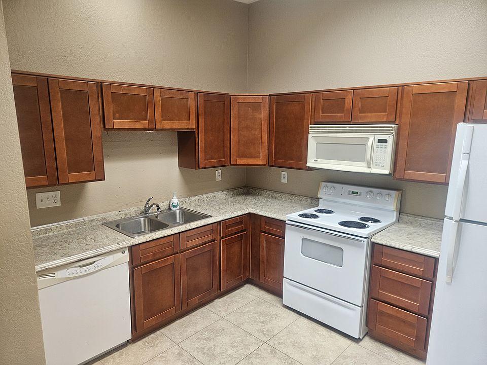 Kitchen cabinets and appliances.