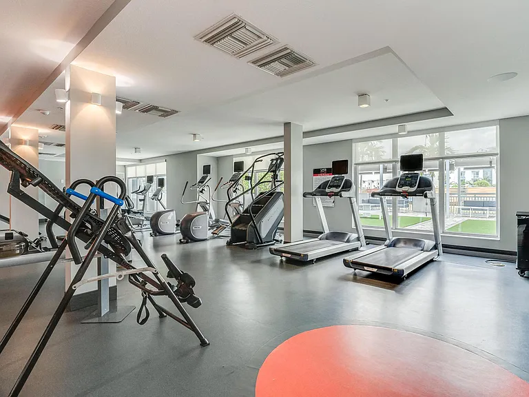 Fitness Center with Cardio Equipment and Outdoor Views Through Large Windows