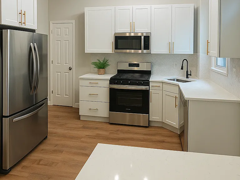 Newly renovated kitchen with increased cabinetry, quartz countertops and new appliances. Leads to be the backyard.
