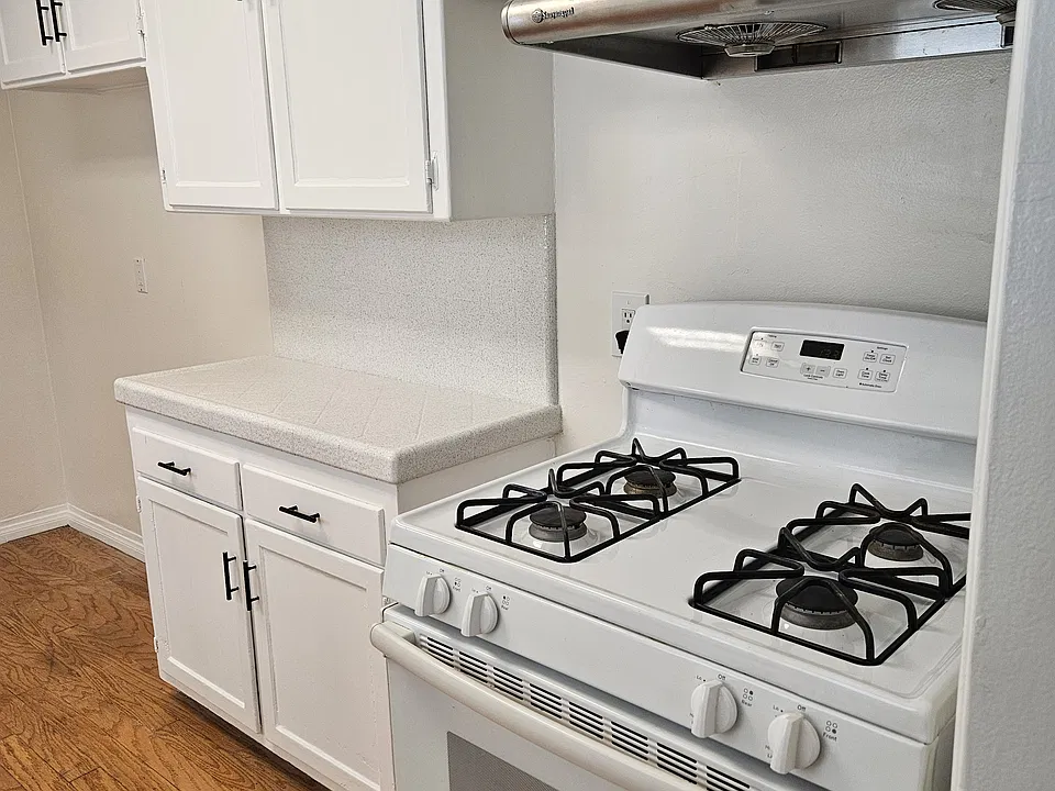 Gas stove/oven and hood.
